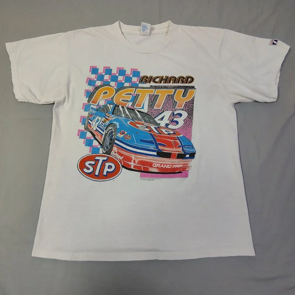 VINTAGE Richard Petty NASCAR T-Shirt White Logo 7 Big Graphic Retro - Picture 1 of 13